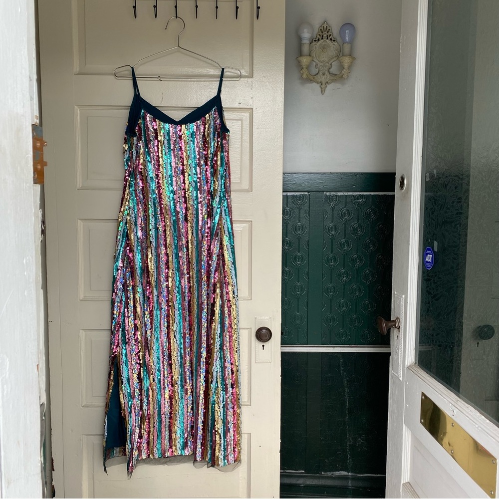 Eva Franco Anthropologie Marguerite Sequined Maxi Slip Dress Rainbow Sz 10 - Picture 2 of 8